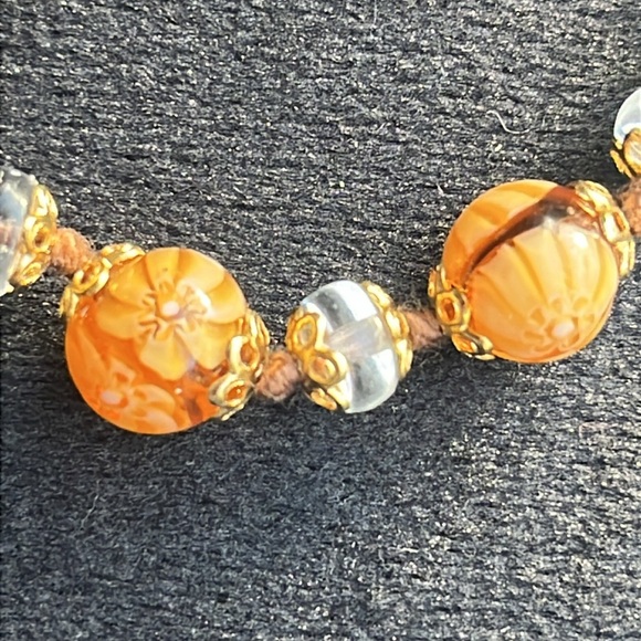 Vintage Hand Knotted Venetian Amber Murano Art Glass Bead Brass Bracelet - Picture 4 of 8